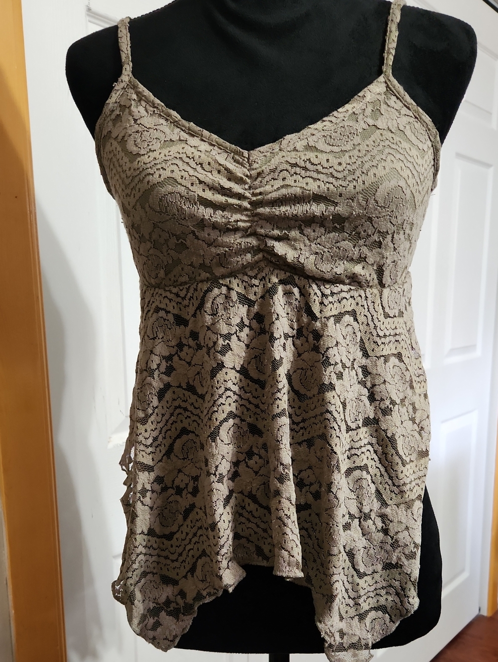 Olive Lace Ruched Spaghetti-Strap Camisole